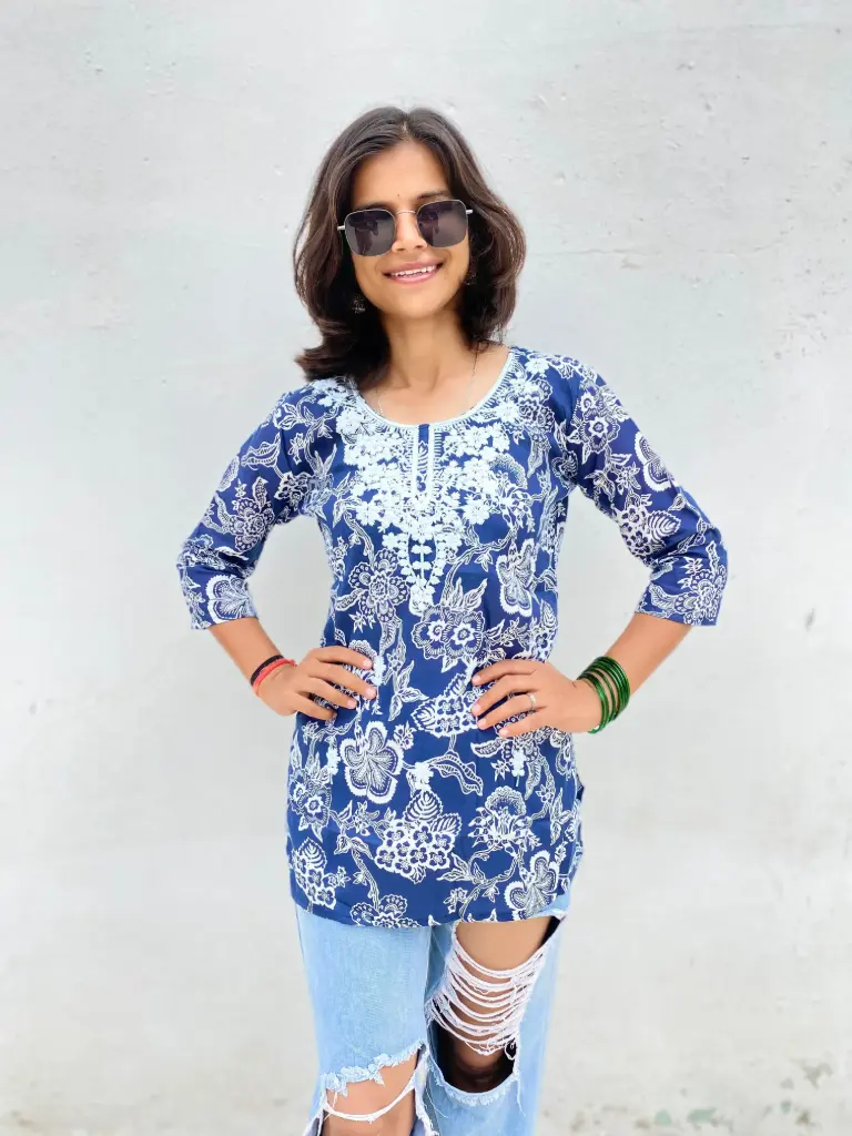 Blue Printed Rayon short Kurti